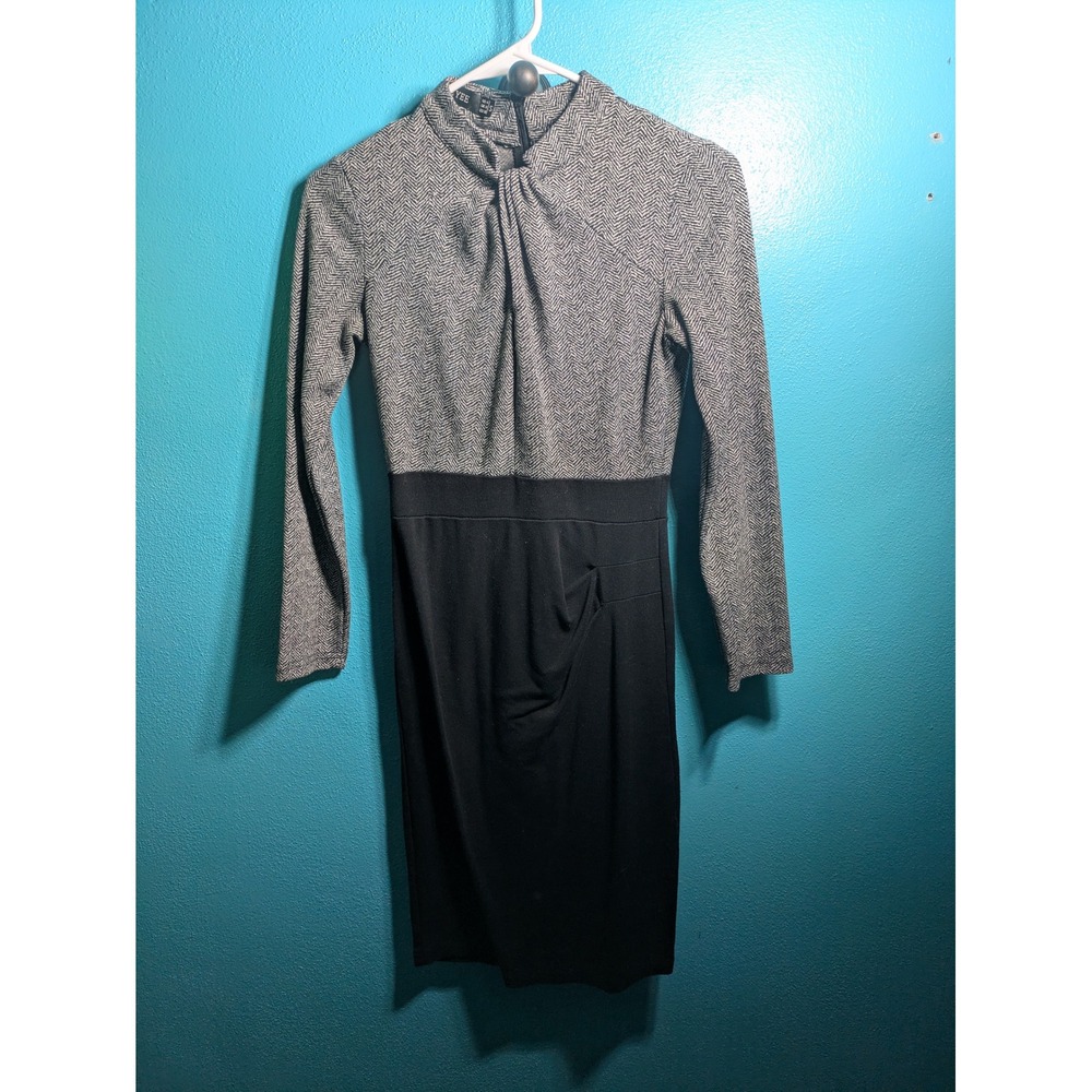 HOMEYEE Womens Herringbone Mock Neck Sheath Dress Gray Black Long Sleeve Sz S